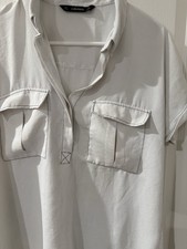 Zara Womens Short Sleeve Button Up Long Linen Shirt Dress White Pockets Large