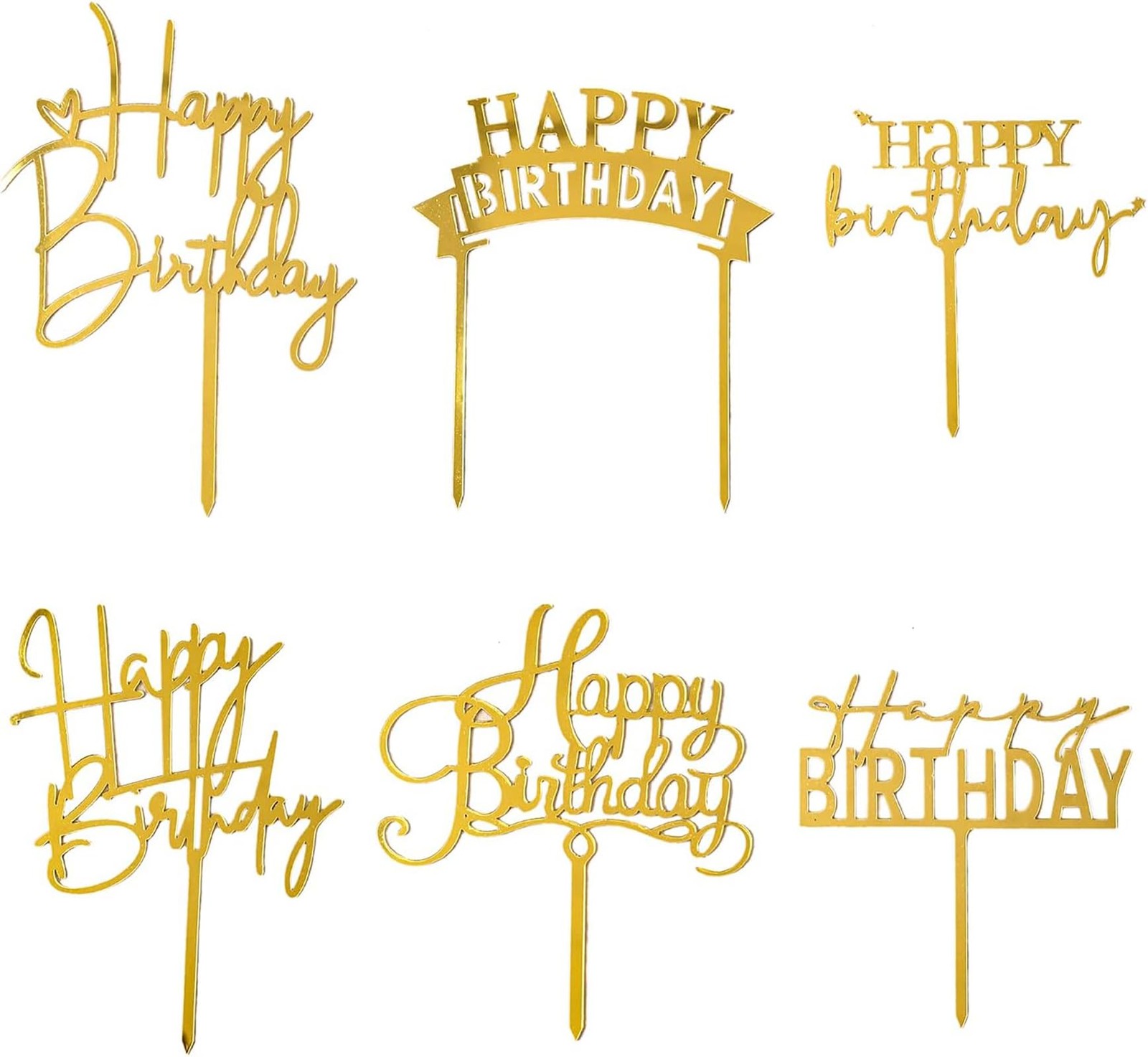 Gold Birthday Cake Topper, 6pcs Acrylic Toppers Happy