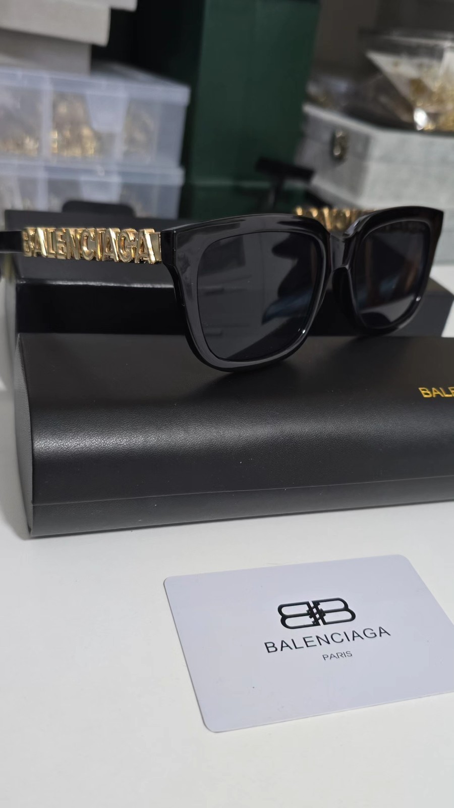 Balenciaga Women’s Rectangle Sunglasses Black Plastic Frame Black Tinted Logo