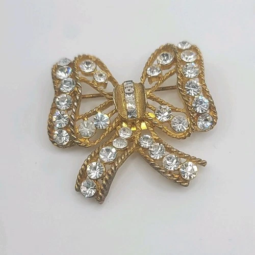 Vintage Eisenberg Ice Brooch Bow Christmas Rhinestone Gold Tone Signed