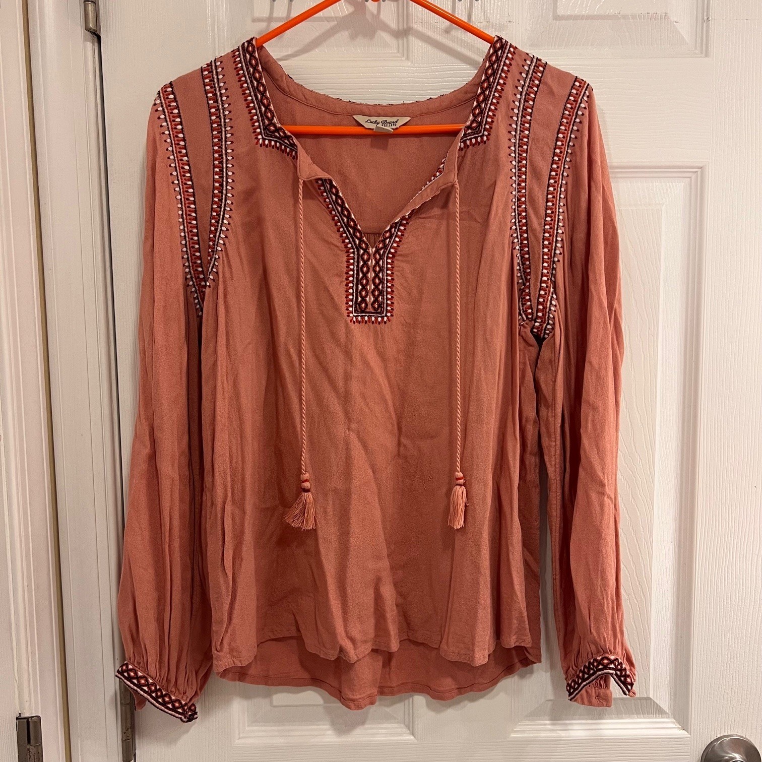 Lucky Brand Terracotta Rose Embroidered Tassel Peasant Blouse Small