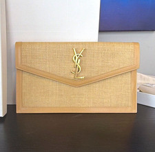 Saint Laurent YSL Medium Beige Clutch Gold Logo Magnetic Close Dust Bag Card