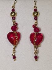 Handcrafted Red Glass Heart Beaded Dangle Ear...