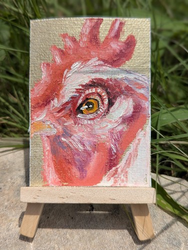 Drago The Rooster ACEO Original Oil Painting Impasto Chicken Eye Art OOAK