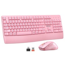 MEETION Wireless Keyboard and Mouse, Full-Sized Cordless with Pink
