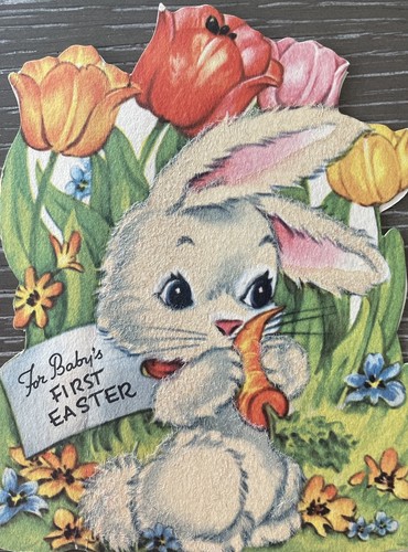 40s  Vtg Easter Card Baby Velvet Bunny Springtime Garden Carrot Die Cut CCC USED