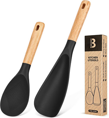 Silicone Cooking Spoon & Rice Scooper BPA-Free Nonstick Wood Handle Black