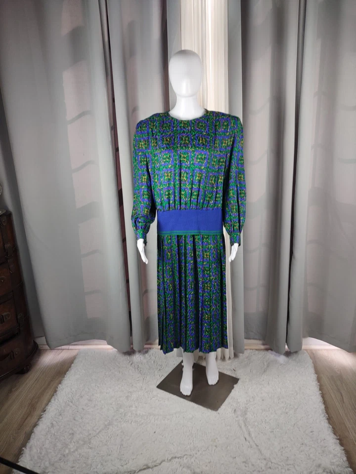 Adrianna Papell Vintage 80s Blue Green Pleated Silk Midi Dress Size 12 - Image 2 of 4