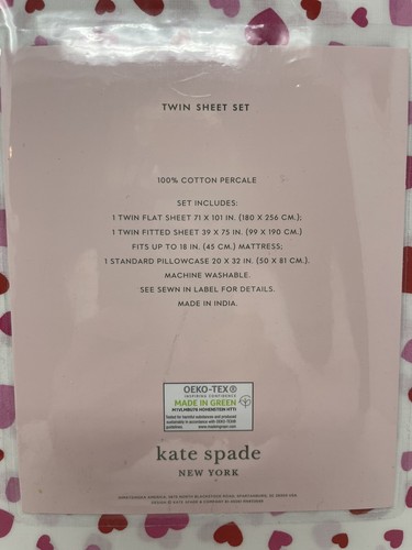 Kate Spade Twin Sheet Set Pink & Red Hearts 4 Piece Cotton Percale NEW - Picture 4 of 6