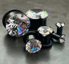 PAIR Black PVD Steel Single Flare Tunnels Prong Set CZ Gem Plugs Earlets Gauges