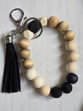 Handmade Wooden Beaded Keychain Wristlet With Tassel Wood Black