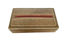Vtg Syrian/Persian Inlaid Marquetry Wood Khatam Tissue Box Holder, Mixed Wood