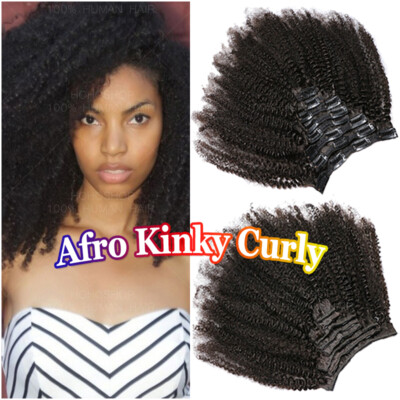 8PCS Afro Kinky Curly Clip In Virgin Real Human Hair Extensions Full Head THICK