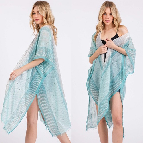 Striped Two Tone Cover up Kimono Shawl Blue, Mint or Coral - Picture 10 of 17