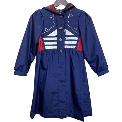 Giacca Young Gallery Girls Hooded Rain Coat Size 7 Blue 100% Polyester