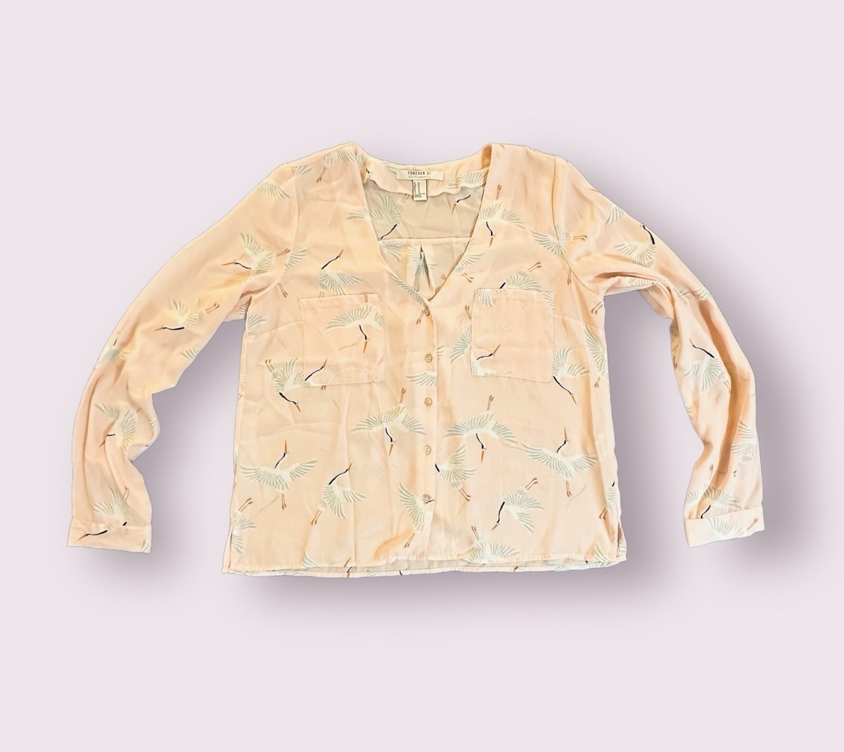 Forever 21 Women's Medium Pink Swan Bird Top Shirt Blouse Buttoned