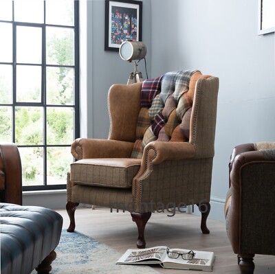 Lorton Harris Tweed Leather Fabric Mix Patchwork Wing Chair Armchair ...