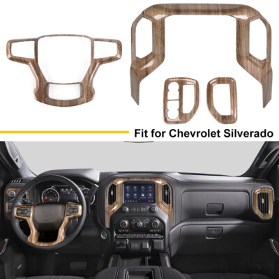 For Silverado 19+ Wood Grain Steering Wheel + Radio Screen + AC Vent Cover Trims