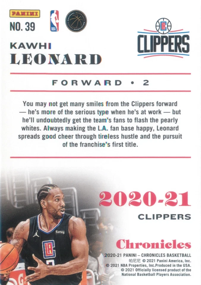 Kawhi Leonard 2020-21 Panini Chronicles Teal Parallel Chronicles Card #39 LAC - Image 2 of 2
