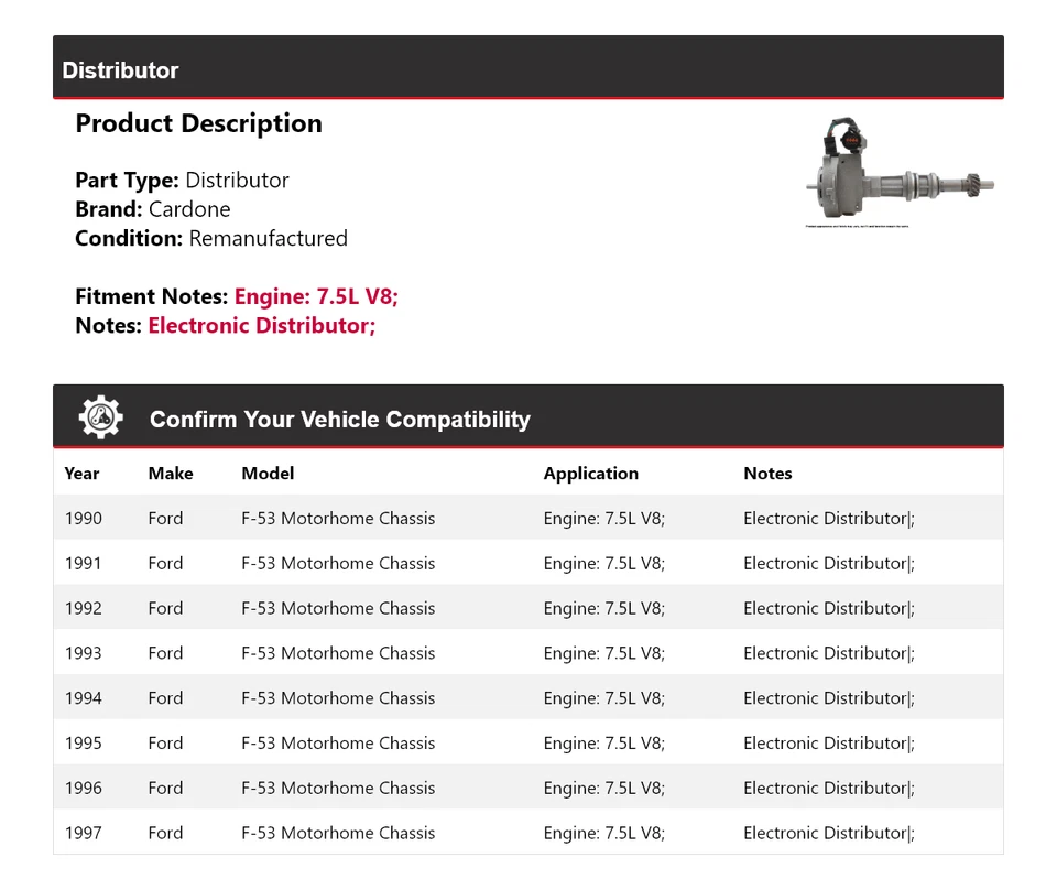 Chasis de autocaravana Ford F-53 1990-1997 7,5 L V8 distribuidor Cardone 1991 1992 Foto 2 de 4