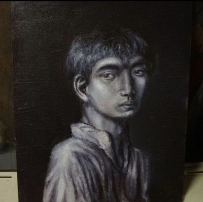 Original Monochrome Portrait Oil Painting Young Man Study Expressionist