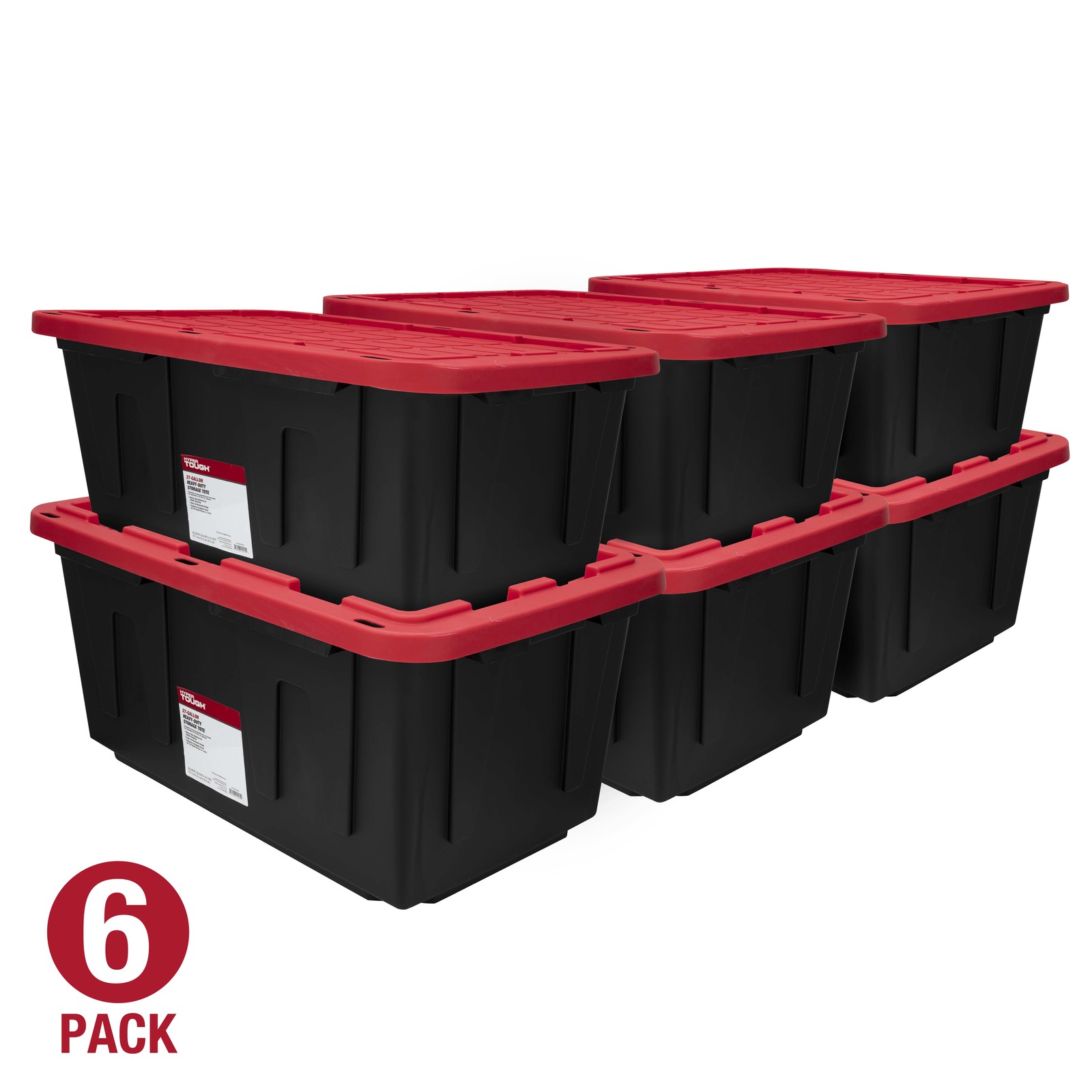 6 Pack Hyper Tough 27 Gallon Plastic Bin Box Container w/ Secure Lid Black & Red