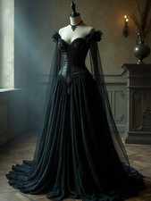 Gothic Black Prom Dress Corset Neckline Off Shoulder A-Line Vintage Bridal Gown
