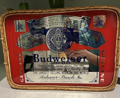 Vintage Rare Budweiser Beer Advertising Glass Mirror Ratan Tray Made Hong Kong