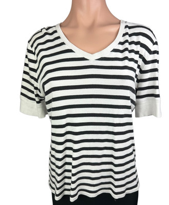 Jones New York Signature T-Shirt Womens XL Black White Stripe V-Neck Pullover