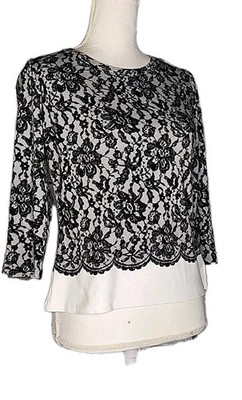   Talbots Women s 3/4 Sleeve Floral Lace Look Top XS Black & Ivory Rayon Blend 