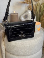 Vivienne Westwood Hazel Small Shoulder Bag Black Croc Embossed Patent Orb Logo