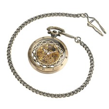 Bronze See-Through Mechanical Pocket Watch Hand-Wind Skeleton Roman Dial Chain