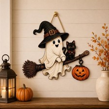 Cute Ghost Black Cat Door Hanger Rustic Halloween Pumpkin Wood Sign Decor