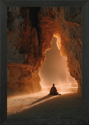 Meditating Figure in Cave Entrance Framed Wall Art Poster Canvas Print Picture