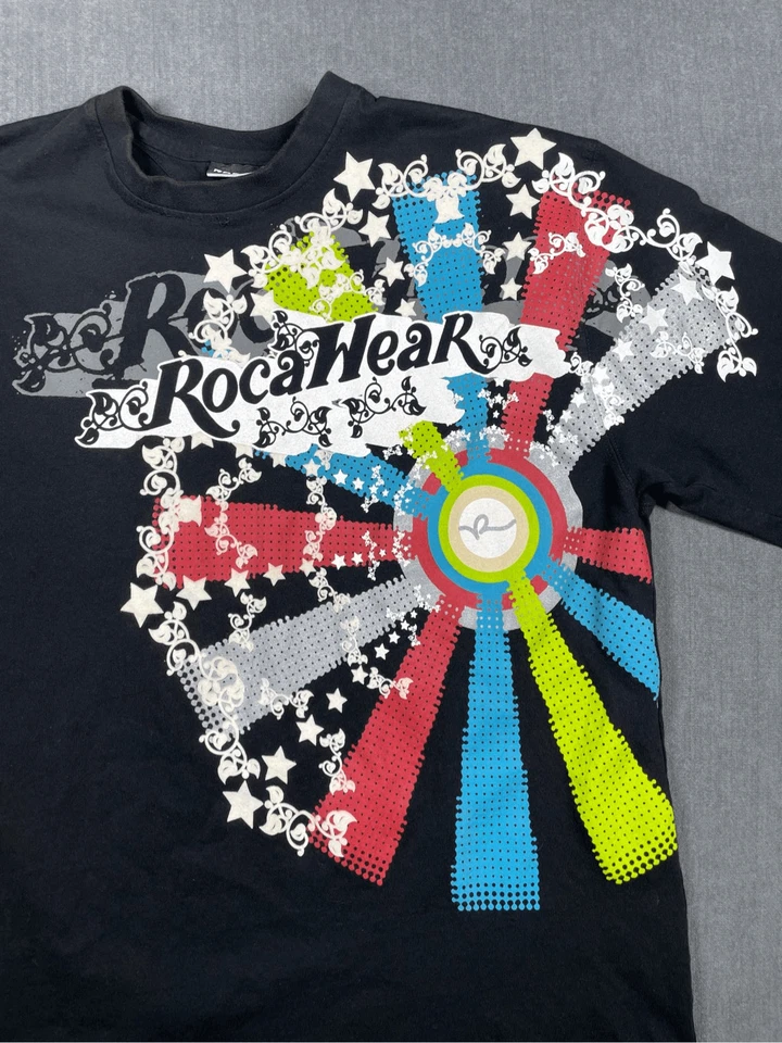 Rocawear Graphic Tee Men L Black Multicolor Stars Y2K Hip Hop Street Style - Image 2 of 4