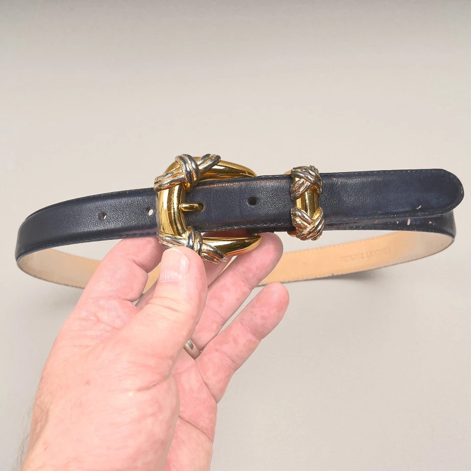 Talbots Navy Leather Belt Womens Sz M / 28 Gold Buckle Vintage - Image 2 of 4