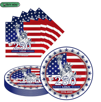 250Th Anniversary 4Th of July 9 Inch Paper Plates and Napkins Set, Red White Blu