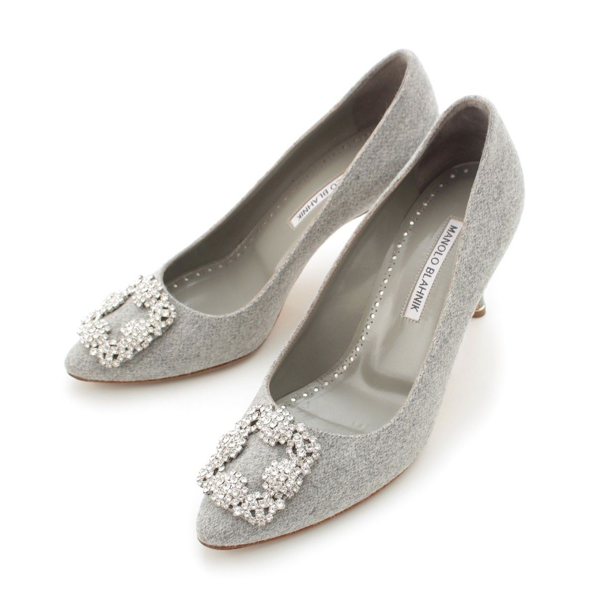 Manolo Blahnik Hangisi Wool Jewel Buckle Pumps Gray EU 38