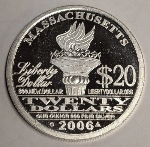2006 $20 1 oz Massachusetts ~ Norfed Liberty ~ .999 Fine Silver Scarce Round