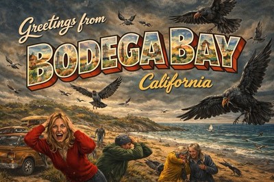 Greetings From BODEGA BAY California MODERN Vintage-inspired Postcard Birds D209