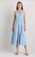 Quince Women 100% Organic Cotton Gauze Tiered Maxi Dress Blue M