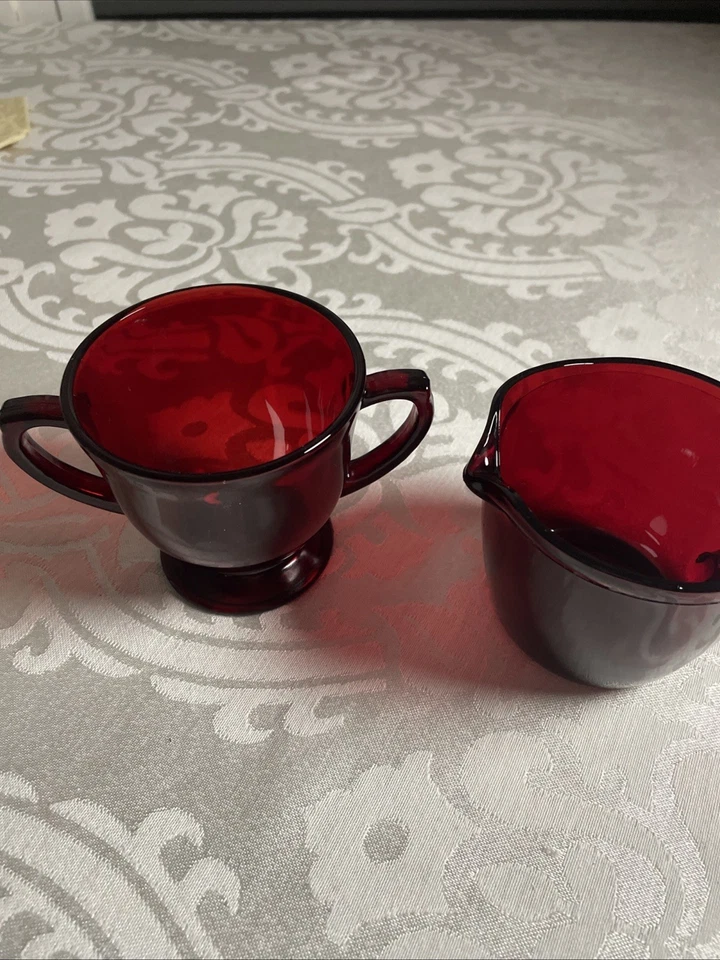 Ruby Red Glass Vintage Creamer and Sugar Bowl with Handles Set - Image 2 of 3