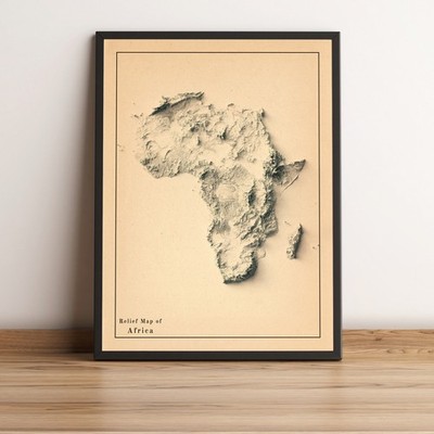 Africa Map, Africa 2D Relief Map, Africa Vintage Map - 2D Flat Print
