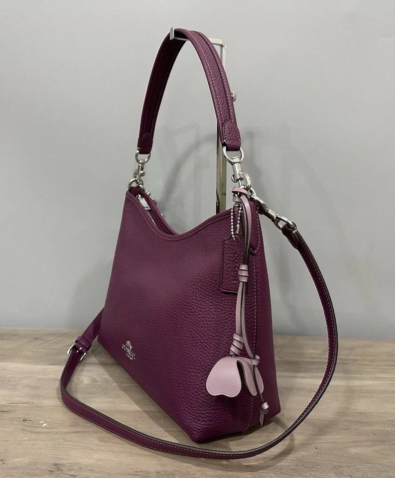 COACH CCE35 Laurel Shoulder Bag W/Flower Charm Soft Pebble Leather Plum/Jasmine - Image 3 of 4