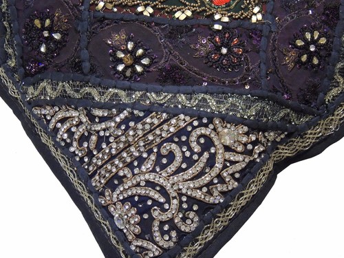 Black Sari Patchwork Throw Pillow Cover Eclectic Ethnic Decorative Cushion 16" - Picture 3 of 3