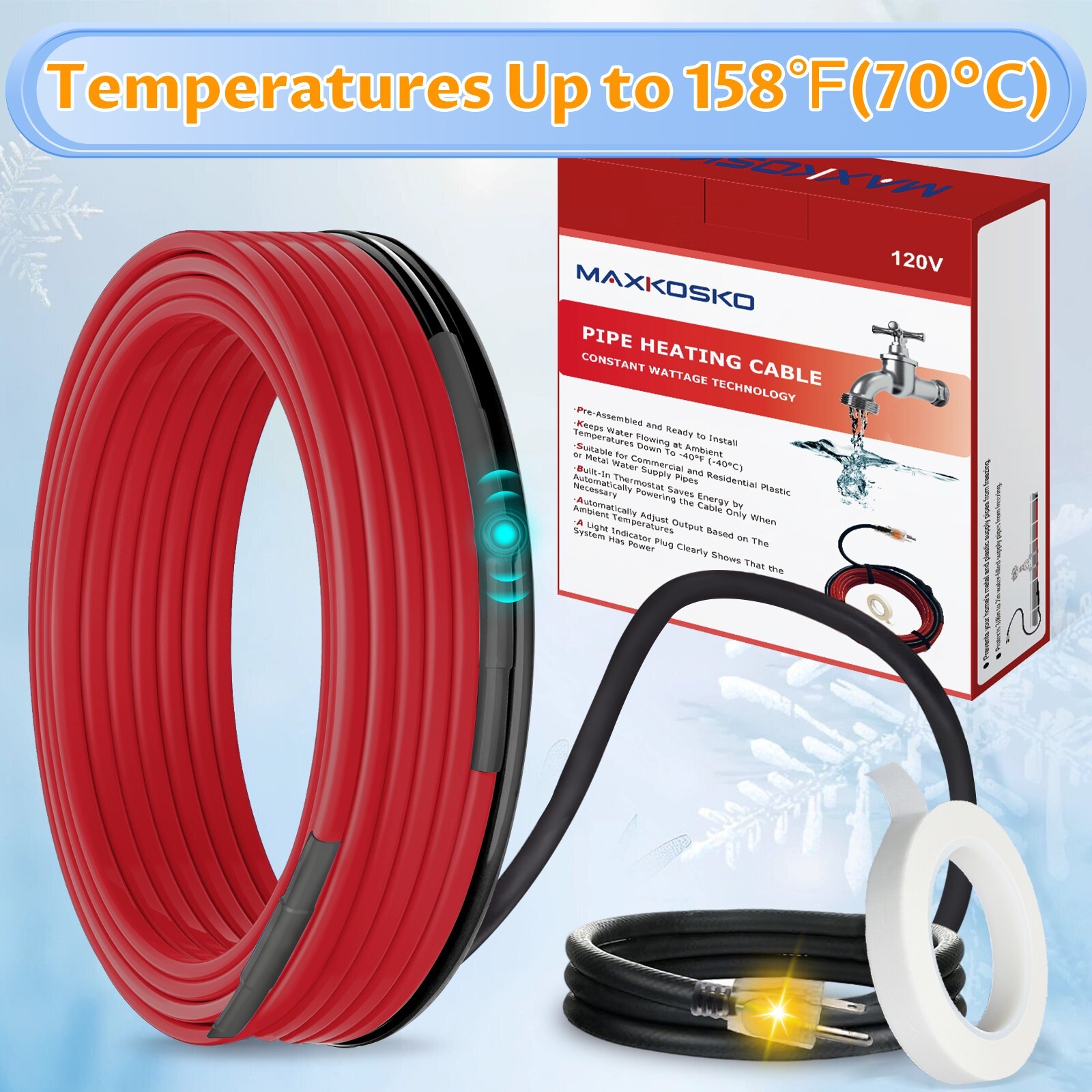Smart Heat Cable for Water Pipes - Thermostat Controlled 120V