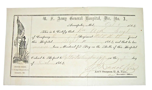 Civil War U.S. ARMY GENERAL HOSPITAL, Div. No. 1 -  ANNAPOLIS, MARYLAND DOCUMENT