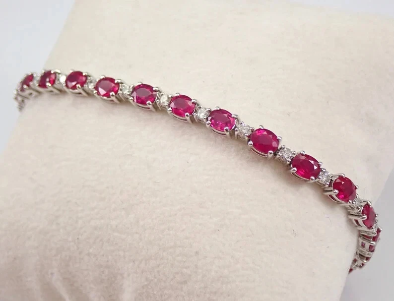 8Ct Oval Cut Lab-Created Women's Red Ruby Tennis Bracelet 925 Sterling Silver - Image 3 of 4