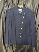 VTG USA Lauren Ralph Lauren Womens Tan Navy Blue Wool Blazer Sz 14w Equestrian