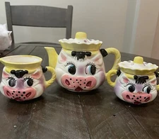 Lipper And Mann Ceramic Cow Teapot Sugar Bowl & Cow Creamer Hand Painted Vintage